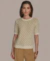 Donna Karan New York Honeycomb Short Sleeve Open Stitch Sweater In Brown