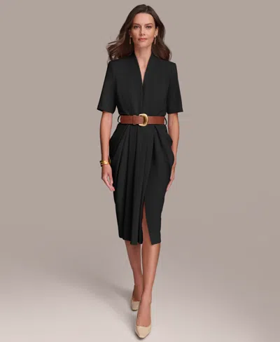 Donna Karan Women's V-neck Belted Short-sleeve Dress In Black
