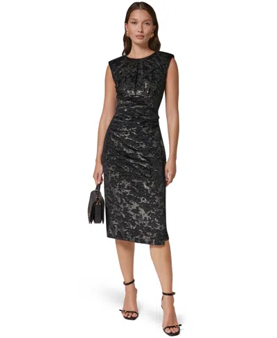 Donna Karan Women's Velvet Jacquard Sleeveless Ruched Midi Sheath Dress In Black