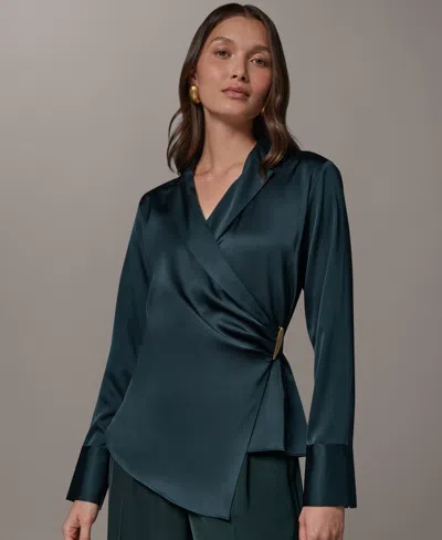 Donna Karan Hardware Trim Side Ruched Blouse In Blue