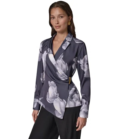 Donna Karan Women's Wrap Floral-print Long-sleeve Blouse In Gray