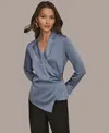 Donna Karan New York Pleated Wrap Front Silk Top In Gray