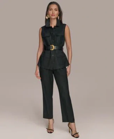 Donna Karan Womens Belted Four Pocket Vest Paperbag Waist High Rise Straight Leg Pants In Black