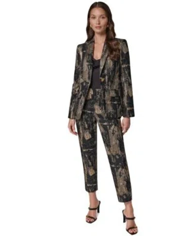 Donna Karan Womens Brushstroke Peak Lapel Statement Shoulder Pad Blazer Brushstroke Metallic Slim Leg Ankle Pant In Multi