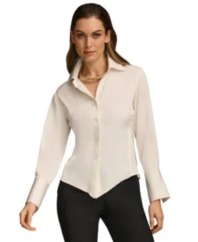 Donna Karan Womens Button Front Point Hem Top In Neutral