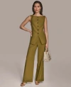Donna Karan Womens Button Front Sleeveless Vest Wide Leg Belted Pants Regular Petite