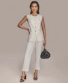 Donna Karan Womens Button Front Sleeveless Vest Womens Slim Leg Ankle Pants In White