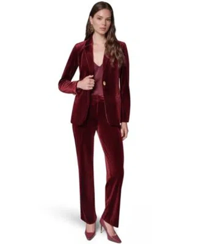 Donna Karan Womens Classic Velvet 1 Button Shoulder Padded Blazer Classic No Front Velvet Straight Mid Rise Pant In Burgundy