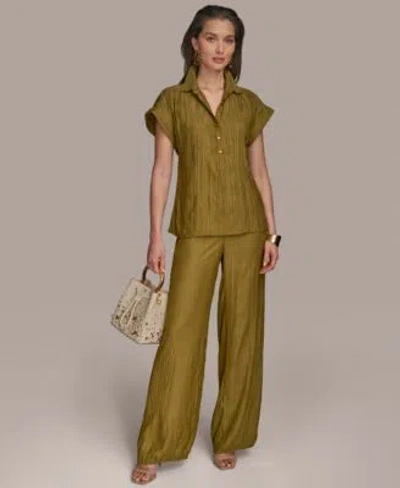 Donna Karan Womens Crinkled Cap Sleeve Shirt Wide Leg Pants In Green