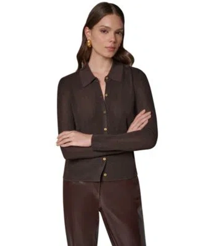 Donna Karan Womens Dk920 Long Sleeve Fitted Polo Shirt In Brown