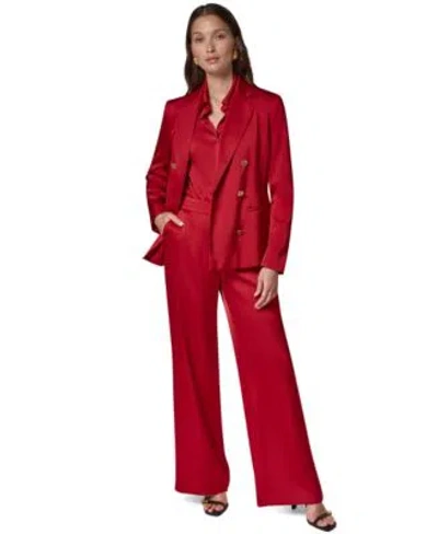 Donna Karan Womens Double Breasted Satin Shoulder Padded Blazer V Neck Satin Collared Long Sleeve Blouse Satin W In Red