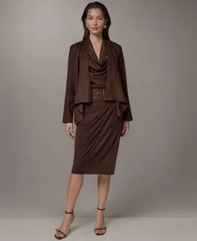 Donna Karan Womens Drape Front Jacket Cowl Neck Top Belted Wrap Midi Skirt In Brown