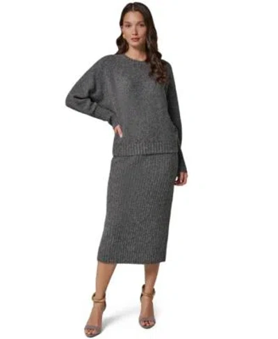 Donna Karan Womens Drop Shoulder Loose Fit Crewneck Sweater Straight Sweater Pull On High Waisted Midi Skirt In Gray