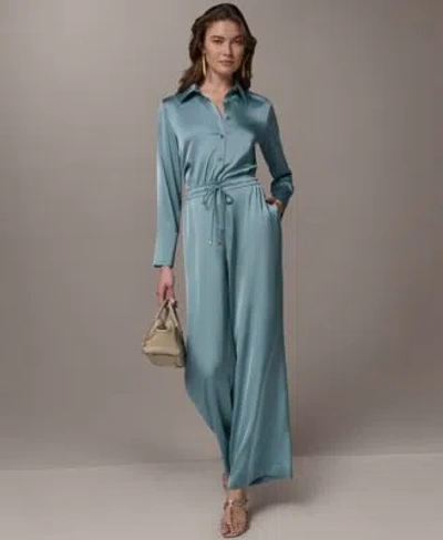 Donna Karan Womens Exposed Buttons Collared Blouse Pull On Mid Rise Pants In Blue