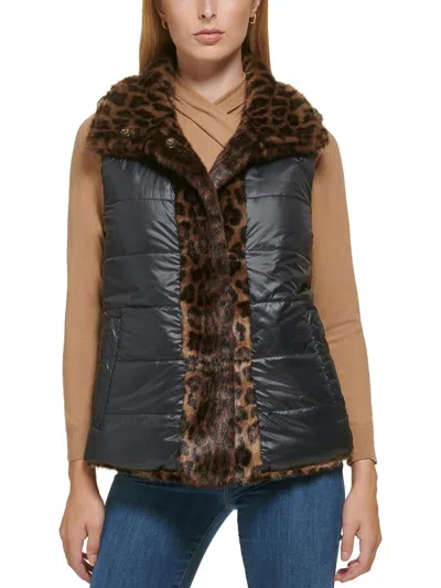 Donna Karan Womens Faux Fur Reversible Vest In Brown