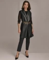 Donna Karan Womens Faux Leather Chain Front Vest Slim Leg Ankle Pants In Black