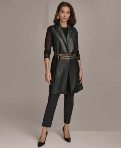 Donna Karan Womens Faux Leather Chain Front Vest Slim Leg Ankle Pants In Black