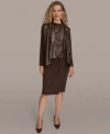 Donna Karan Womens Pleat Detail Sleeveless Top Wrap Waist Belted Skirt Large Buckle Detail Coat In Brown