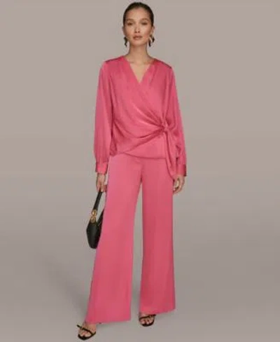 Donna Karan Womens Faux Wrap Long Sleeve Top Wide Leg Trousers In Pink