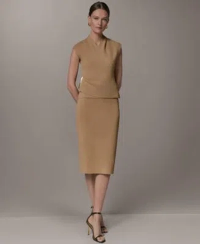 Donna Karan Womens Faux Wrap V Neck Sweater Pull On Sweater Skirt In Brown