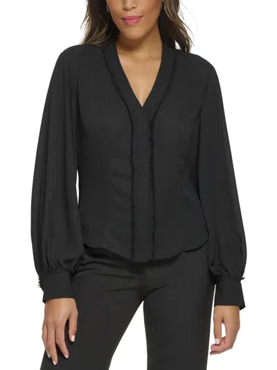 Donna Karan Womens Fringe Bishop Sleeve Button-down Top In Black