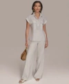 Donna Karan Womens Linen Blend Cap Sleeve Collared Shirt Wide Leg Pants