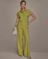 Donna Karan Womens Linen Blend Cap Sleeve Collared Shirt Wide Leg Pants