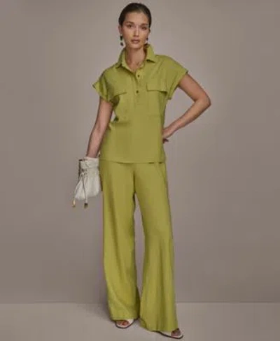 Donna Karan Womens Linen Blend Cap Sleeve Collared Shirt Wide Leg Pants