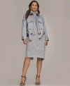 Donna Karan Womens Long Sleeve Belted Jacket Short Sleeve Mock Neck Sweater Sequin Detail Midi Skirt In Gray