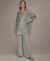 Donna Karan Womens Long Sleeve Burnout Tunic Wide Leg Pants In Green