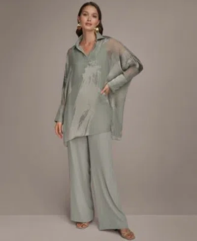 Donna Karan Womens Long Sleeve Burnout Tunic Wide Leg Pants In Green