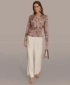 Donna Karan Womens Long Sleeve Printed Top Pleated Wide Leg Pants In Neutral