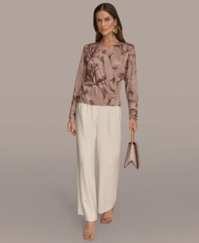 Donna Karan Womens Long Sleeve Printed Top Pleated Wide Leg Pants In Neutral