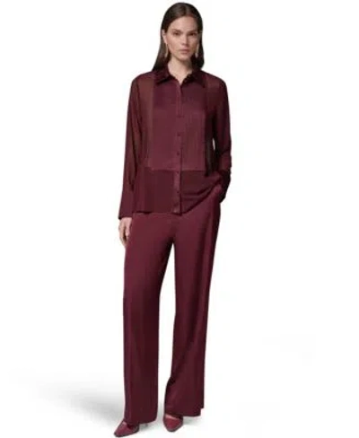 Donna Karan Womens Long Sleeve Sheer Blouse Wide Leg Satin Side Zip Pants In Burgundy