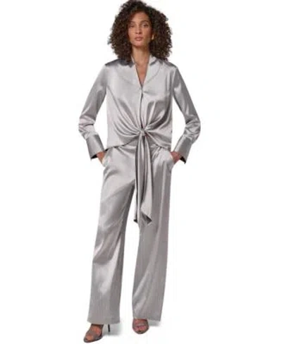 Donna Karan Womens Long Sleeve Wrap V Neck Blouse Wide Leg Pull On Metallic Satin Pants