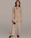 Donna Karan Womens Lurex Rib Cowl Neck Long Sleeve Top Wide Leg Pull On Pants In Neutral