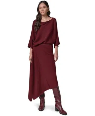 Donna Karan Womens Merino Wool Boat Neck Ribbed Knit Sweater High Waisted High Low Ribbed Knit Merino Wool Skirt In Burgundy