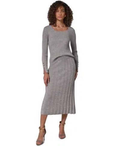 Donna Karan Womens Merino Wool Boat Neck Ribbed Long Sleeve Sweater Rib Stitch High Waisted A Line Wool Skirt In Gray