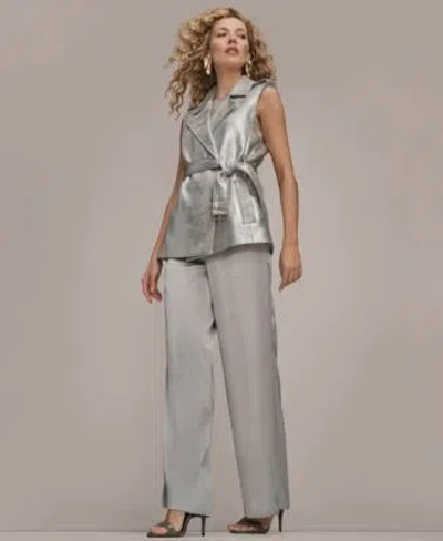 Donna Karan Womens Metallic Belted Sleeveless Vest Beaded Top Wide Leg Pants In Gray