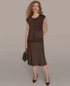 Donna Karan Womens Mixed Media Cap Sleeve Blouse Satin A Line Midi Skirt In Brown