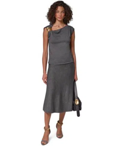 Donna Karan Womens One Shoulder Sleeveless Shoulder Hardware Blouse A Line Midi Pull On Skirt In Black