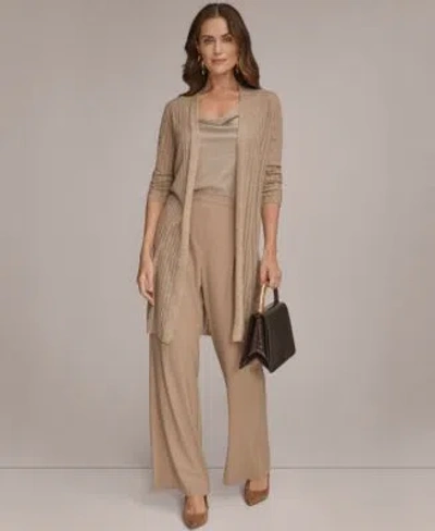 Donna Karan Womens Open V Neck Long Sleeve Cardigan Twisted Shoulder Tank Top Pleated Wide Leg Pull On Pants