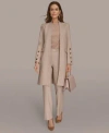 Donna Karan Womens Petites Four Button Long Blazer Coat Sleeveless Boat Neck Tank Top Straight Leg Pant In Brown