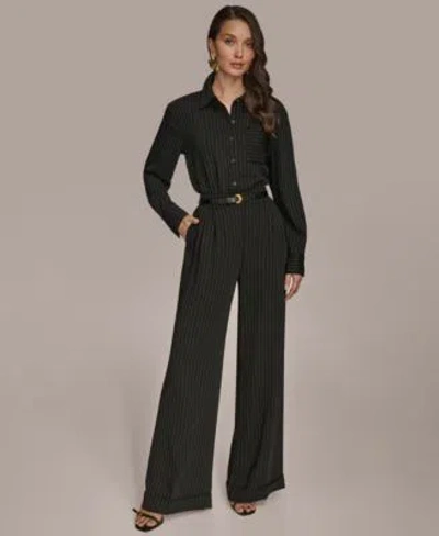 Donna Karan Womens Pinstripe Button Down Blouse Wide Leg Pants Regular Petite