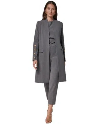 Donna Karan Womens Pinstripe Long Lined Jacket Boat Neck Sleeveless Asymmetrical Blouse Pinstripe Slim Ankle Pan In Gray