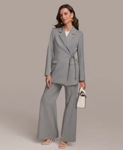 Donna Karan Womens Pinstripe Tie Waist Blazer Wide Leg Pants In Light Gray,white