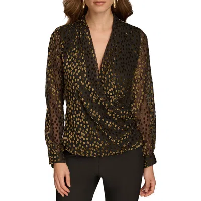 Donna Karan Womens Polka Dot Sheer Wrap Top In Black,gold Multi