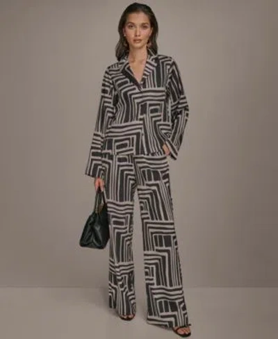 Donna Karan Womens Printed Button Down Shirt Wide Leg Pants In Black