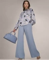 Donna Karan Womens Printed Mock Neck Top Wide Leg Pull On Pants In Blue