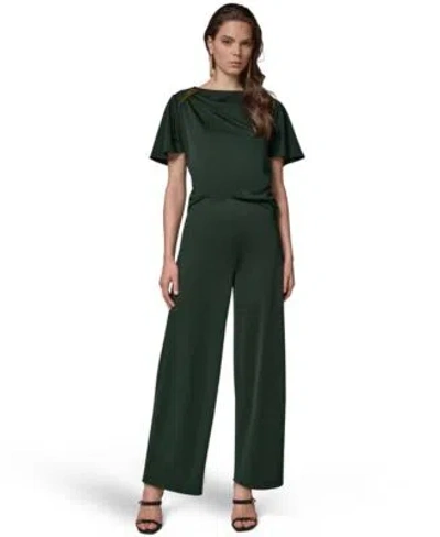 Donna Karan Womens Ruched Side Short Sleeve Top Wide Leg Pull On Pants In Green